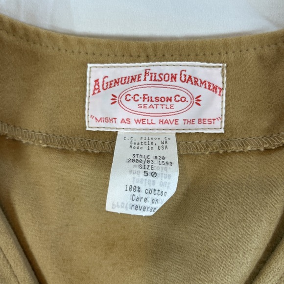 Filson Moleskin Cruiser Vest Style 820 Tan Cotton Field Men's Size 50 Made USA - Picture 2 of 8